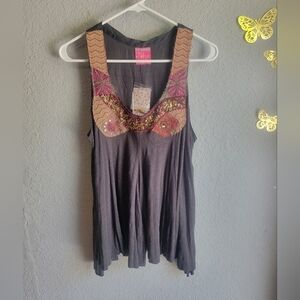 Free People Ethnic Tribal Beaded Asymmetrical Hem Tee S/P NWT